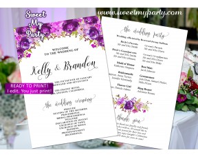 Lilac Wedding program fan,Purple Wedding itinerary,(33w)